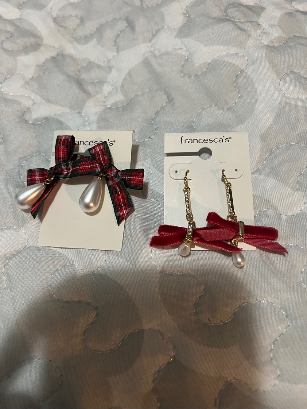 Francesca's Collections Red Plaid and Solid Red Bow Pearl Drop Earrings Duo